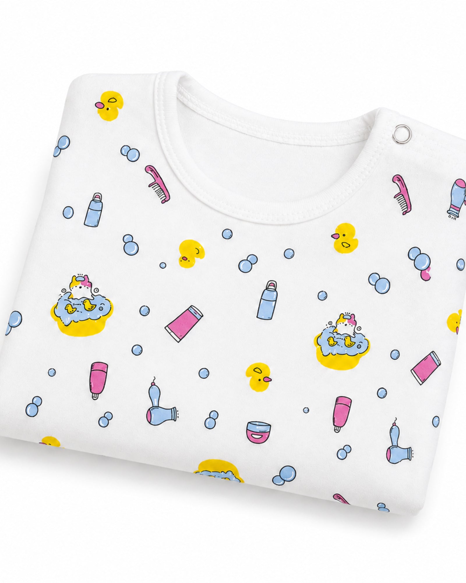 Folded white short-sleeve ducks and bath-time print baby bodysuit on white