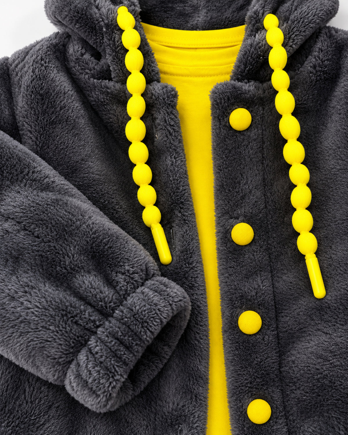 Dark grey and yellow three-piece outfit set, jacket buttons and hood cords