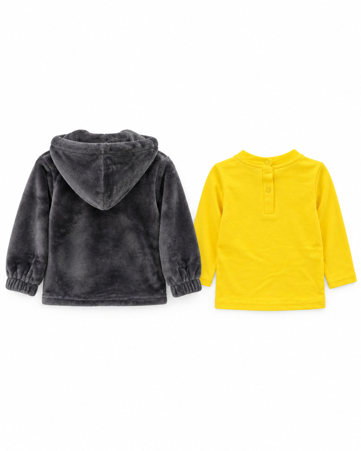 Dark grey and yellow three-piece outfit set, jacket and top back details