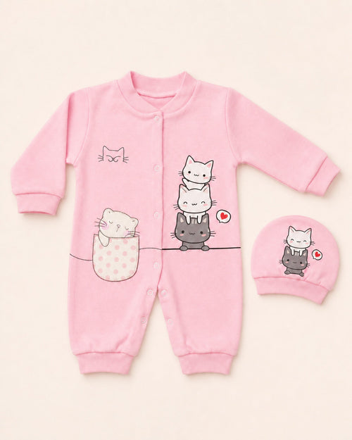 Pink cat-print baby sleepsuit and matching hat – full set view