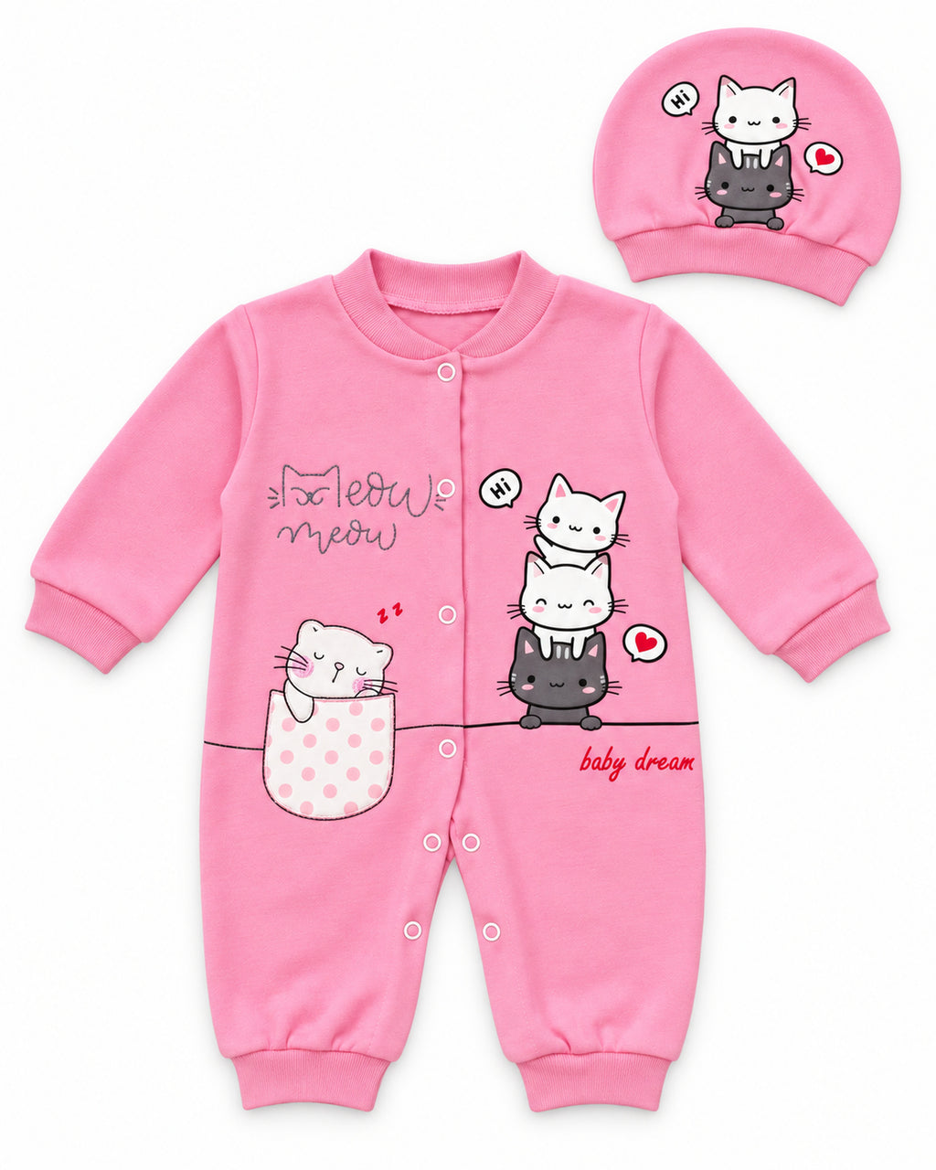 Baby Dream pink cat sleepsuit and hat set, complete two-piece set