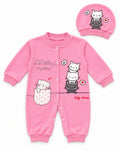 Baby Dream pink cat sleepsuit and hat set, complete two-piece set