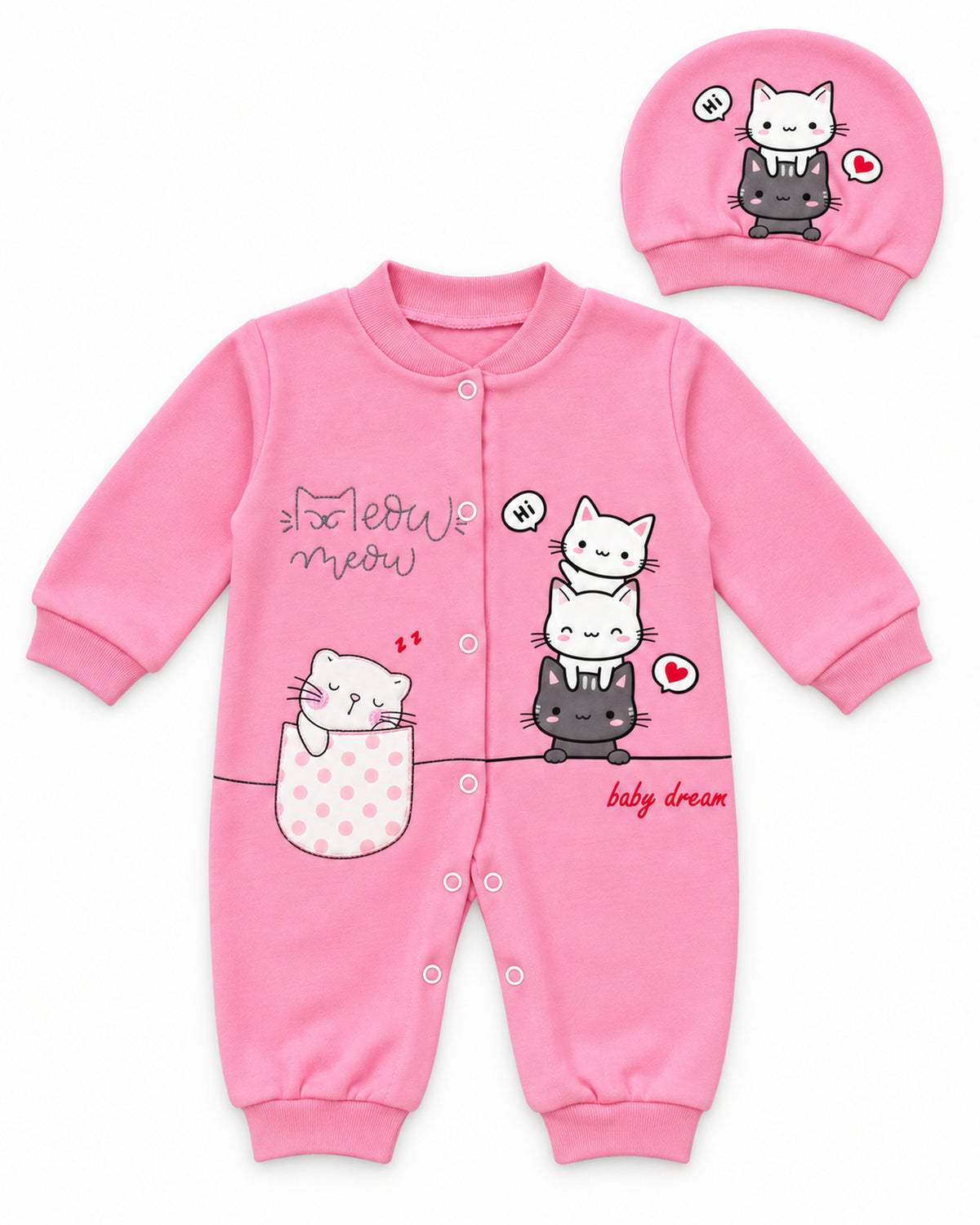 Baby Dream pink cat sleepsuit and hat set, complete two-piece set