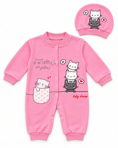 Baby Dream pink cat sleepsuit and hat set, complete two-piece set