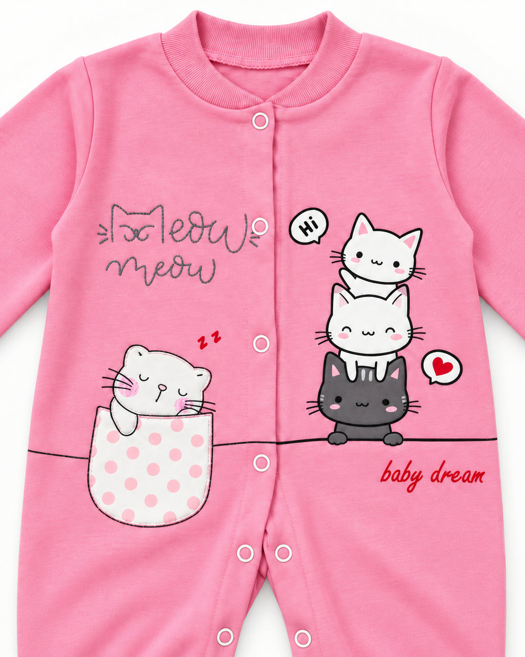 Baby Dream pink cat sleepsuit and hat set, front snaps and cat print detail