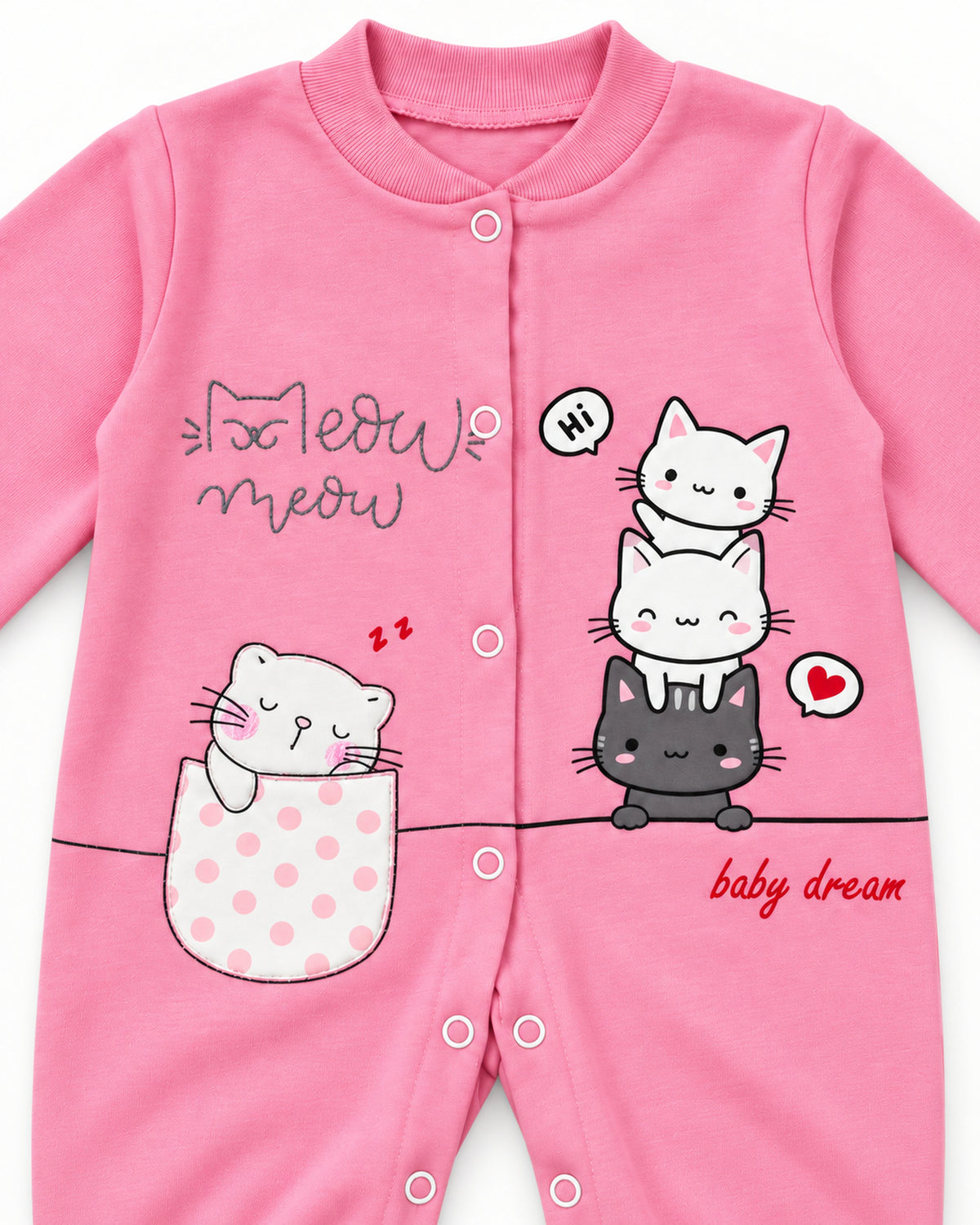 Baby Dream pink cat sleepsuit and hat set, front snaps and cat print detail