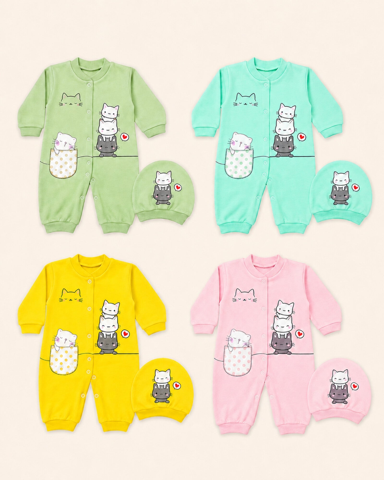 Cat-print sleepsuit and hat color options in Pistachio, Mint, Yellow and Pink