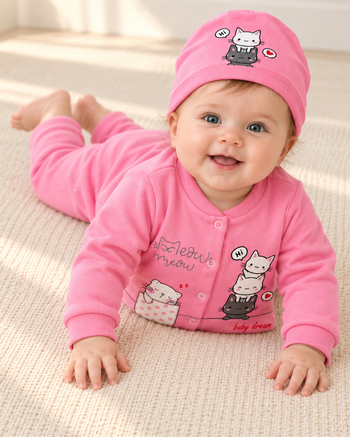 Baby Dream pink cat sleepsuit and hat set, second baby wearing view