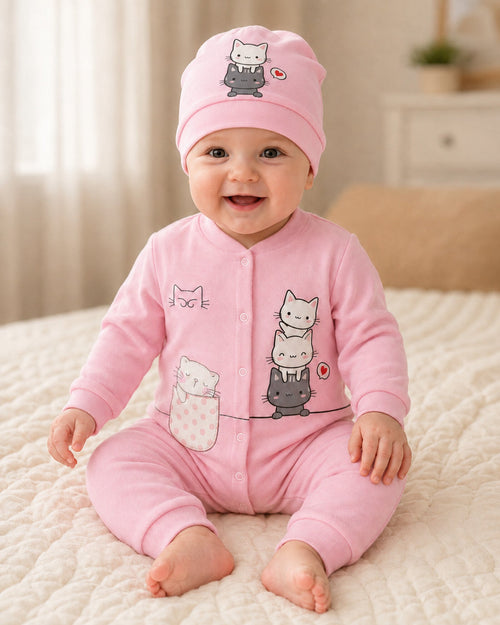 Baby wearing pink cat-print sleepsuit and matching hat
