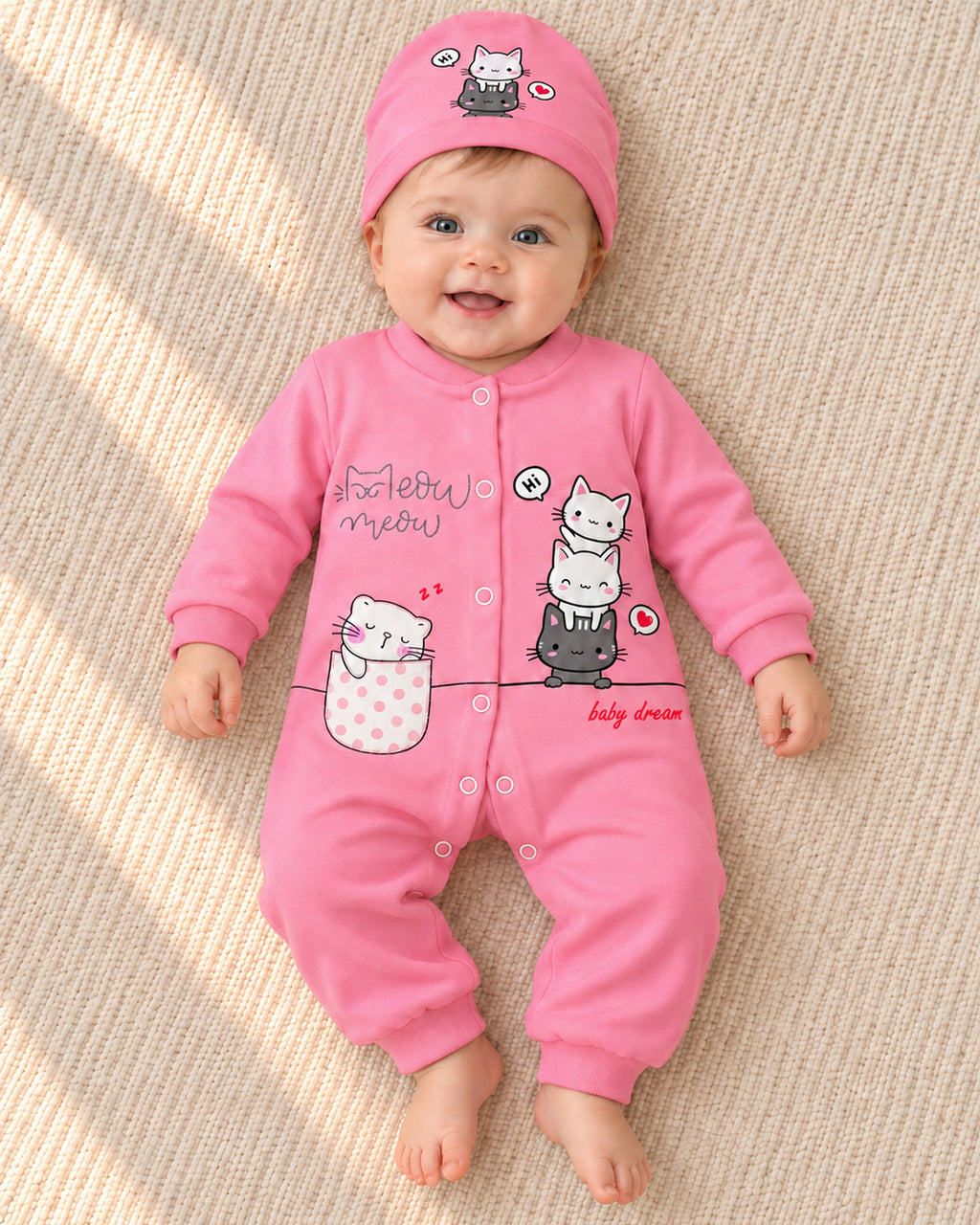 Baby Dream pink cat sleepsuit and hat set, baby wearing the complete outfit
