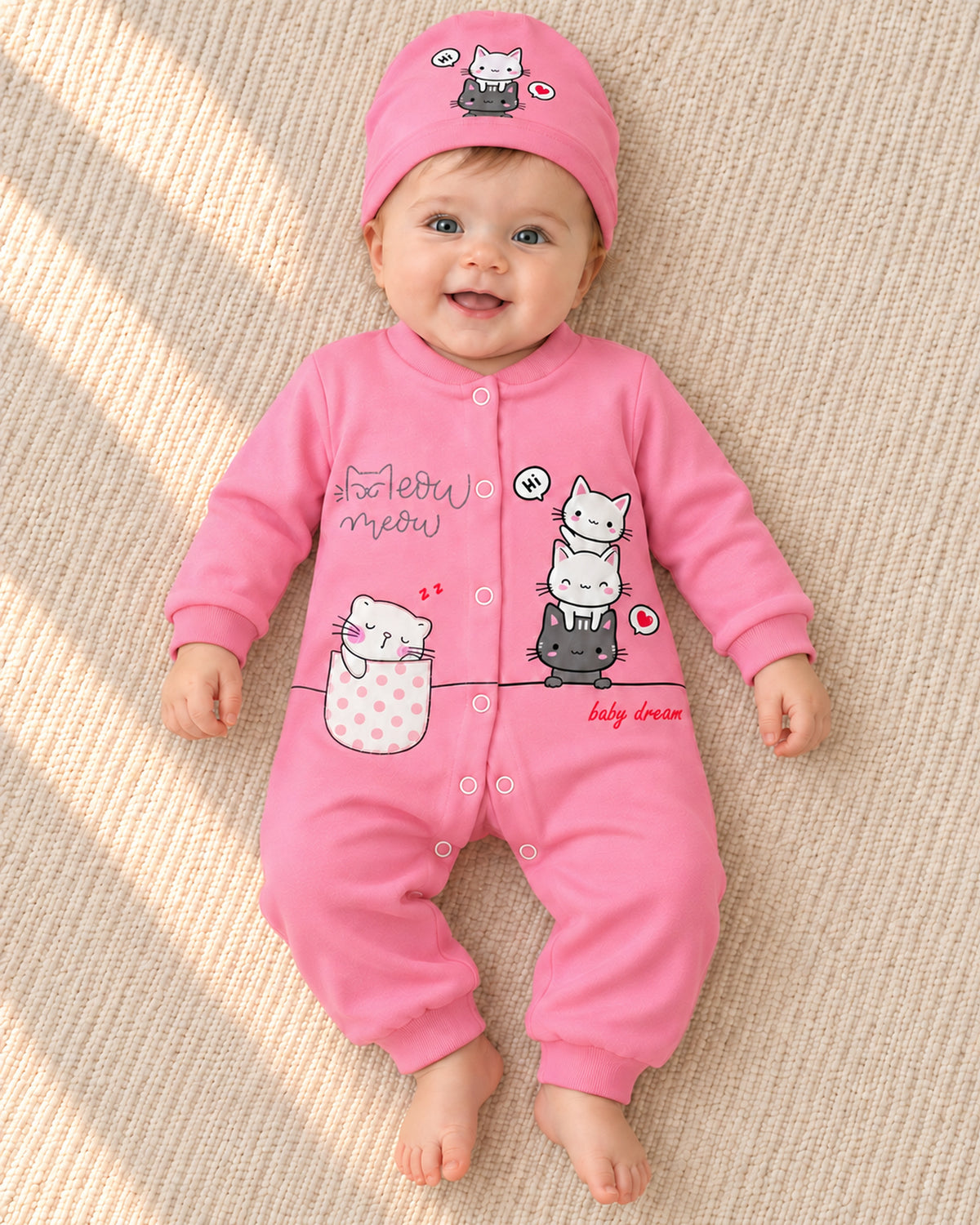 Baby Dream pink cat sleepsuit and hat set, baby wearing the complete outfit