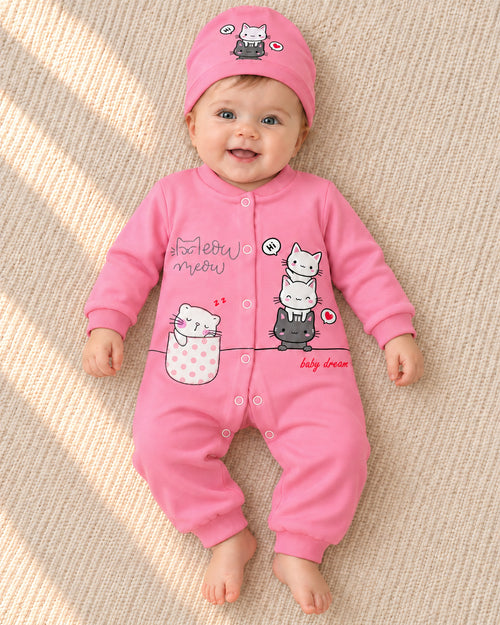 Baby Dream pink cat sleepsuit and hat set, baby wearing the complete outfit