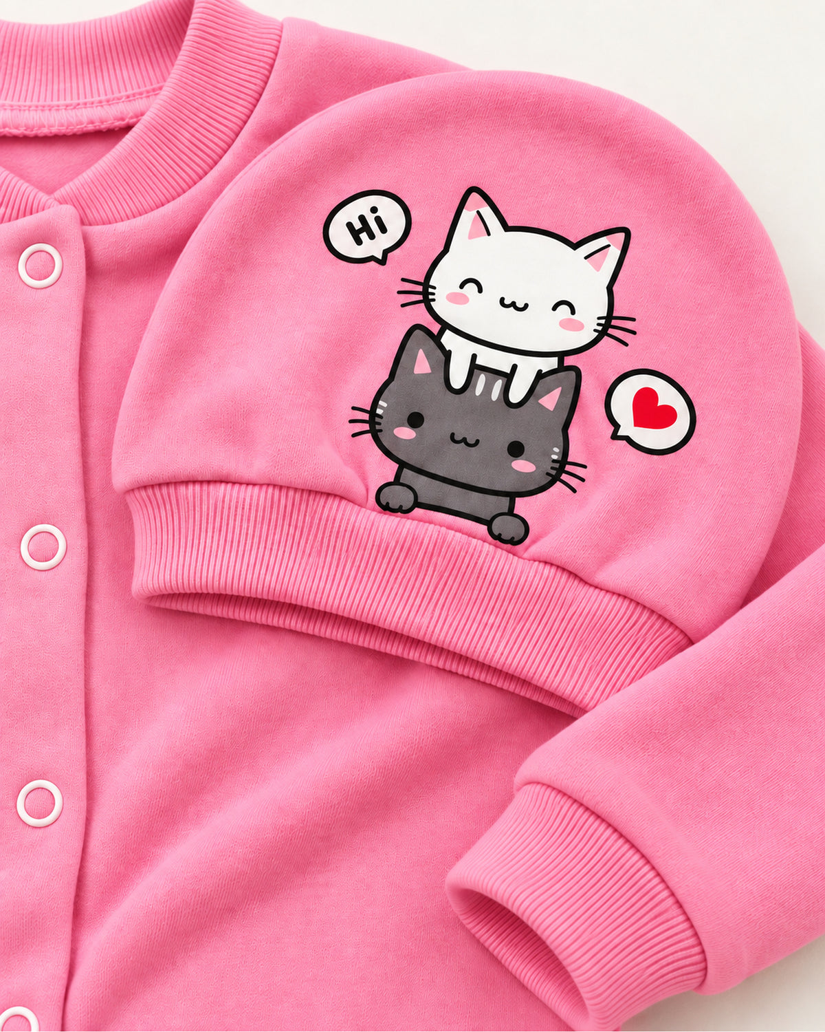 Pink cat print hat with matching sleepsuit cuff and snap fastening detail