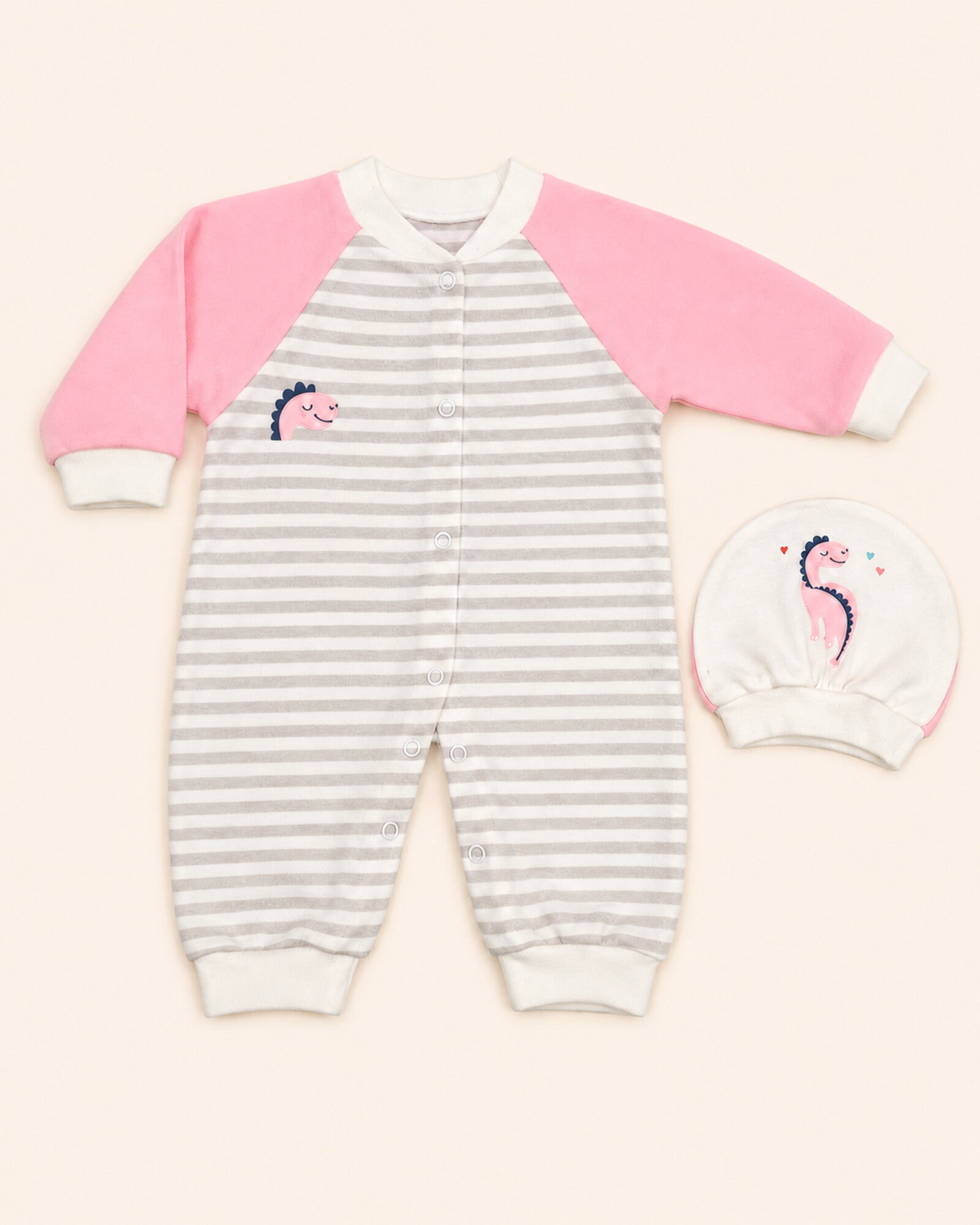 Baby Dream cotton sleepsuit and hat set – pink dinosaur – main product view