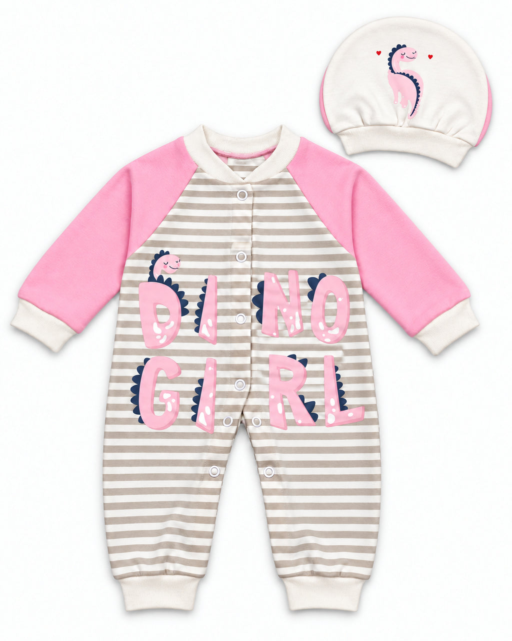 Baby Dream pink dinosaur sleepsuit and hat set, complete two-piece set