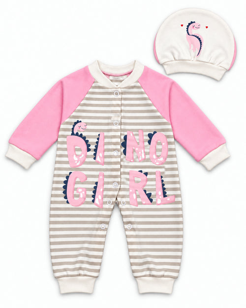 Baby Dream pink dinosaur sleepsuit and hat set, complete two-piece set