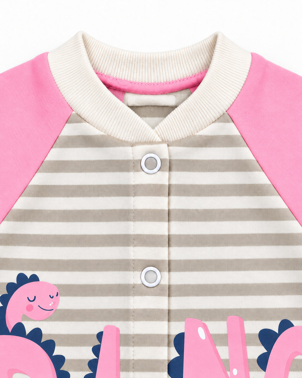 Baby Dream pink dinosaur sleepsuit and hat set, neckline and front snap detail
