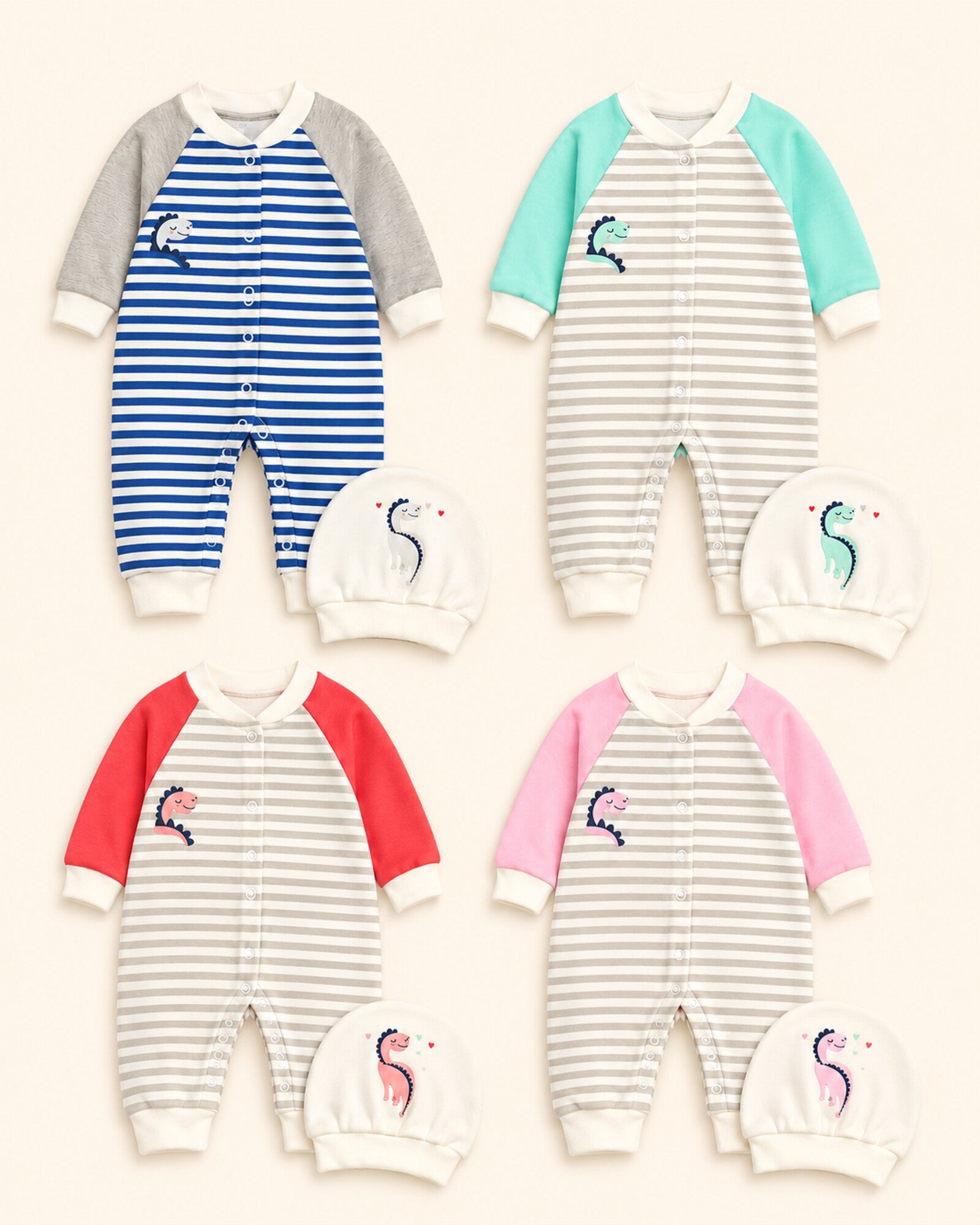 Baby Dream cotton sleepsuit and hat set – four color variants