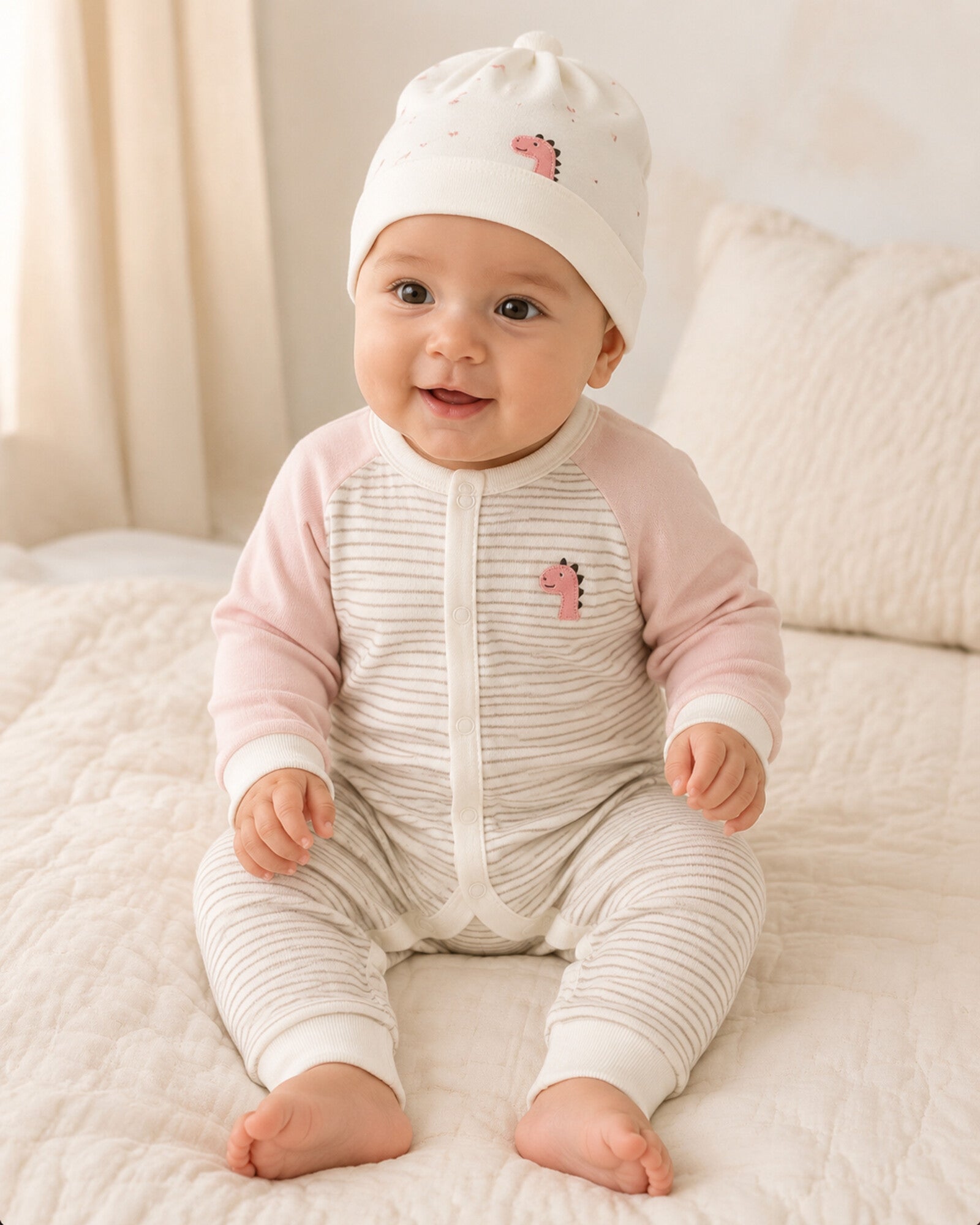 Baby Dream cotton sleepsuit and hat set – pink variant modeled