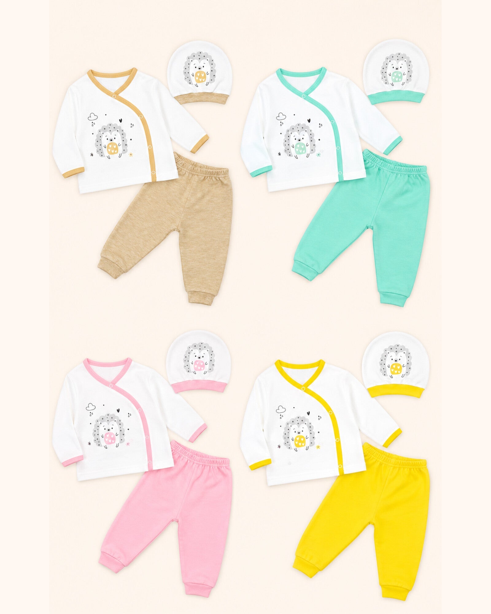 Baby Dream three-piece hedgehog set – Coffee, Pistachio, Pink and Yellow