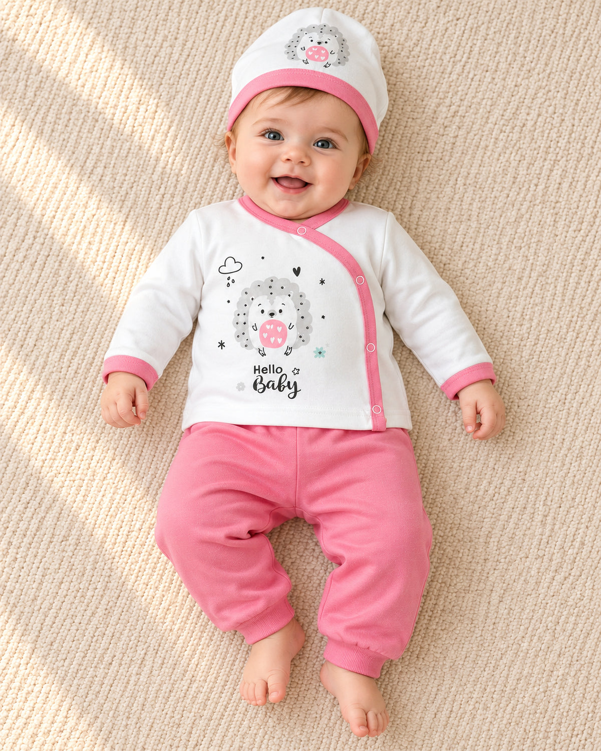 Baby Dream pink hedgehog baby set, baby wearing the complete set