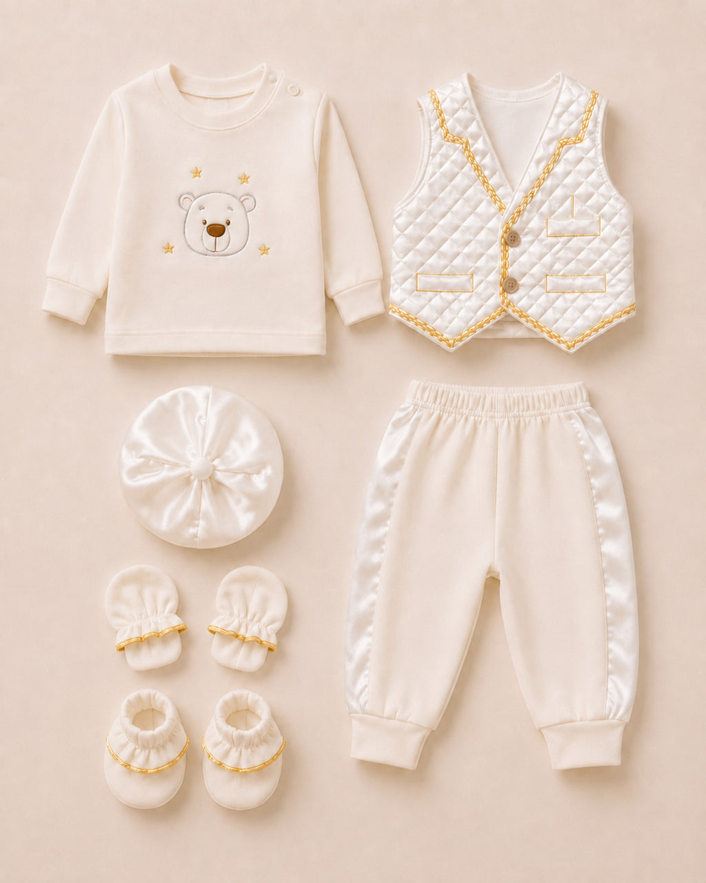 Cream newborn ceremony set with bear waistcoat – full set view