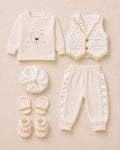 Cream newborn ceremony set with bear waistcoat – full set view