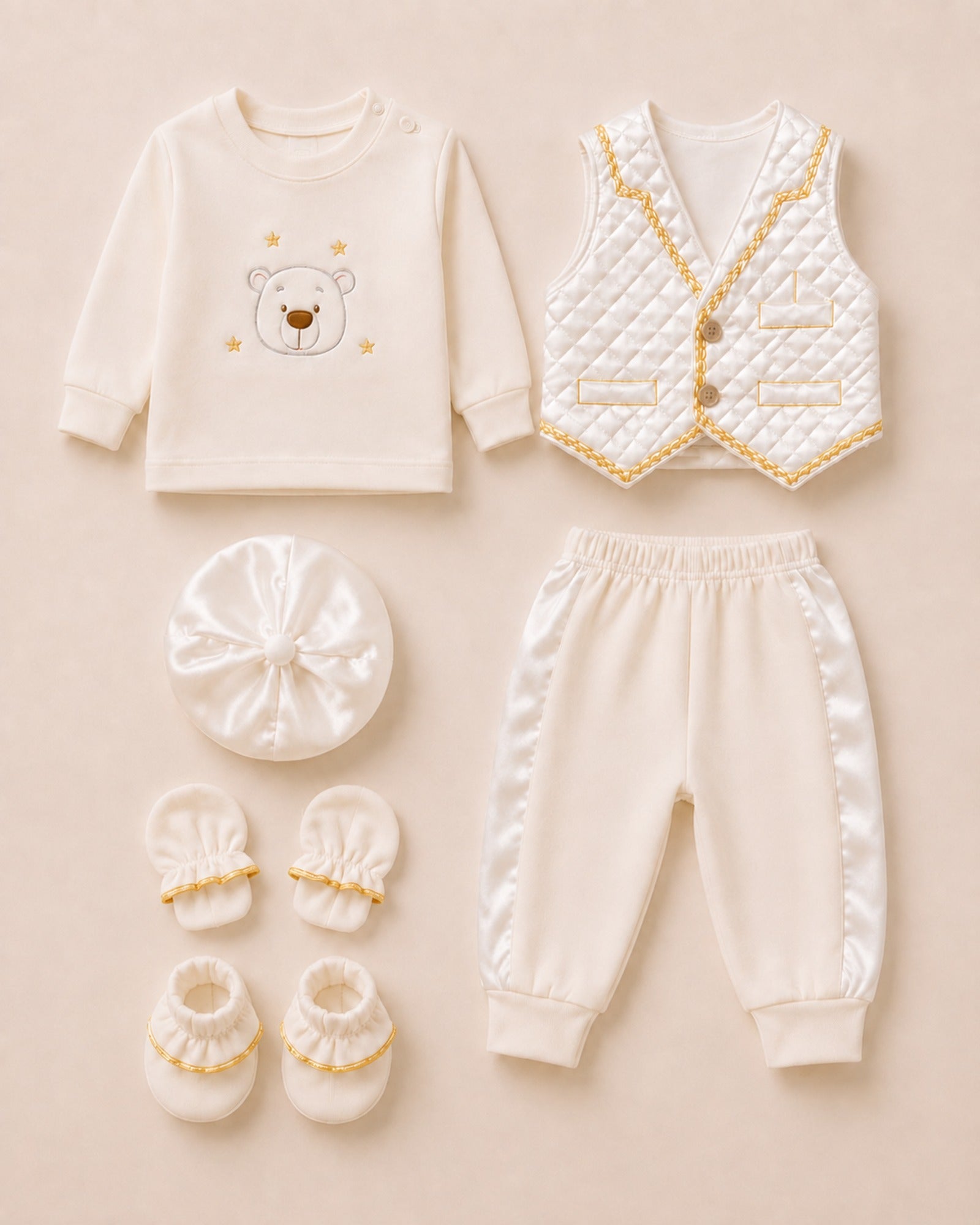 Cream newborn ceremony set with bear waistcoat – full set view