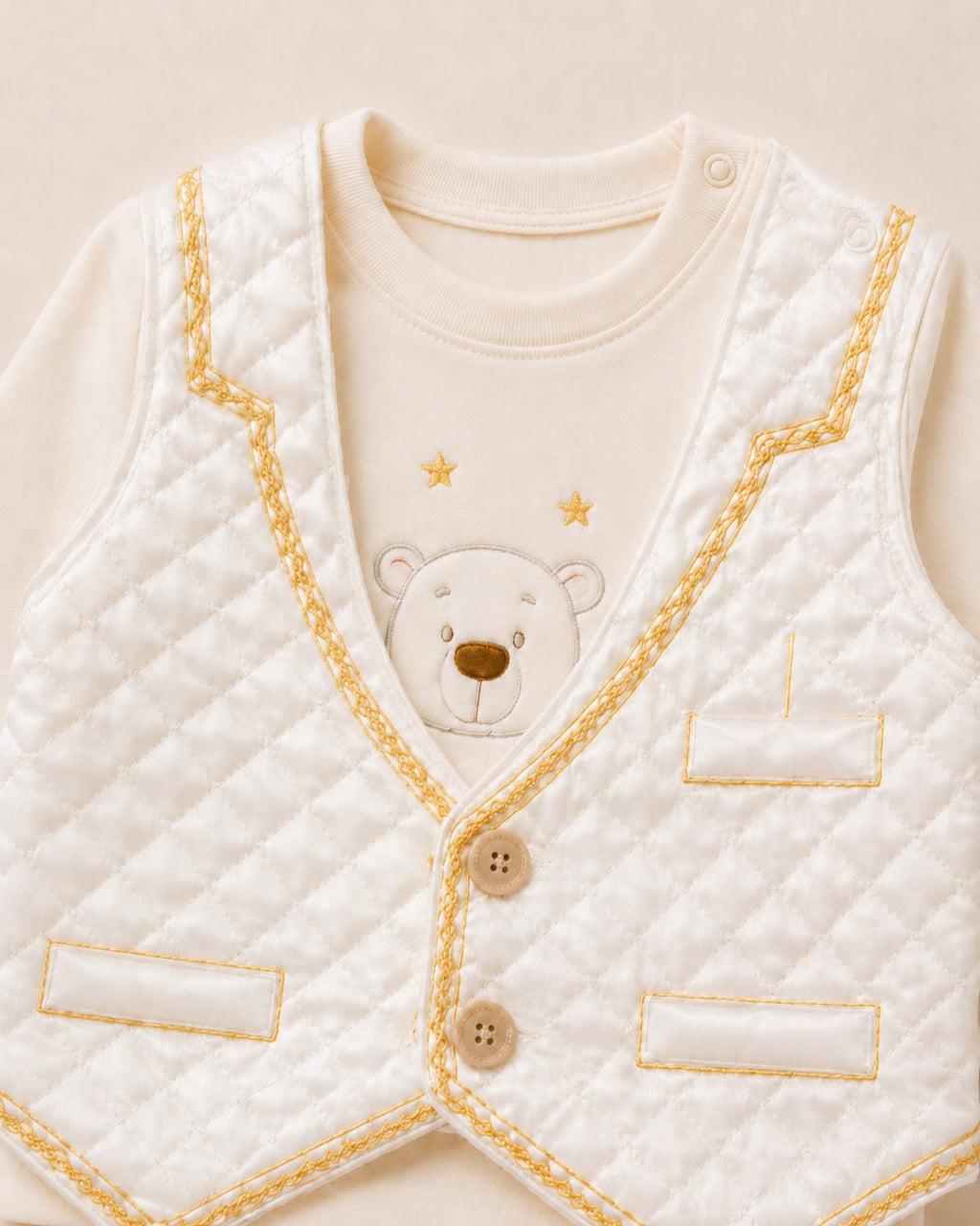Bear embroidery, quilted waistcoat and gold trim detail
