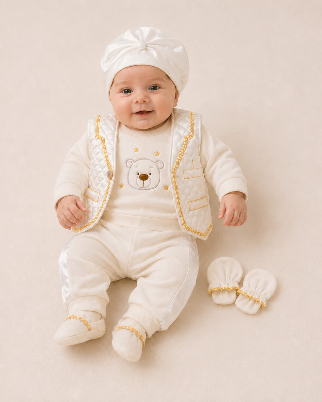 Baby wearing cream ceremony set with bear waistcoat