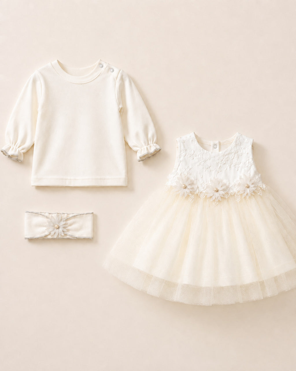 White newborn ceremony dress set with flower headband – full set view
