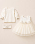 White newborn ceremony dress set with flower headband – full set view