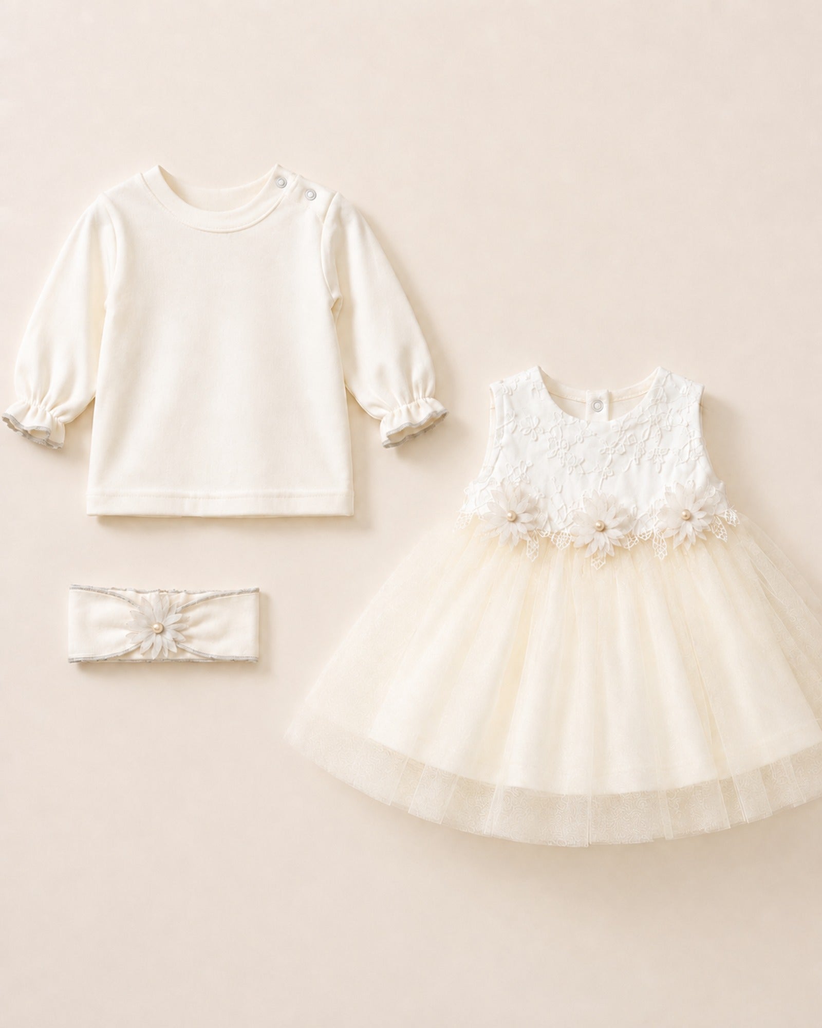 White newborn ceremony dress set with flower headband – full set view