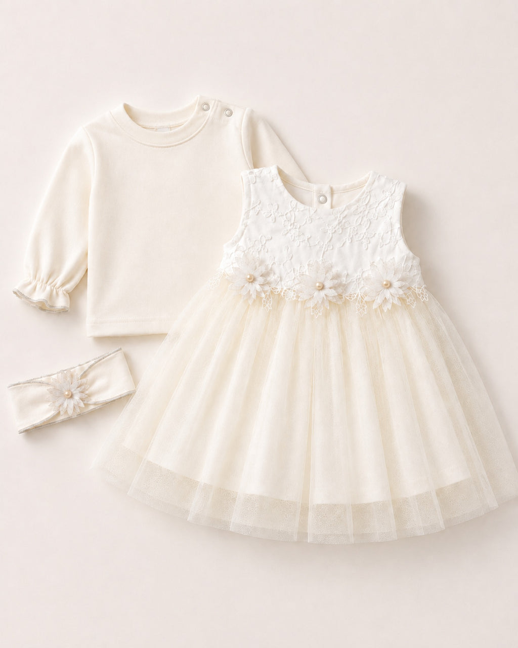 White newborn ceremony dress set – arranged composition