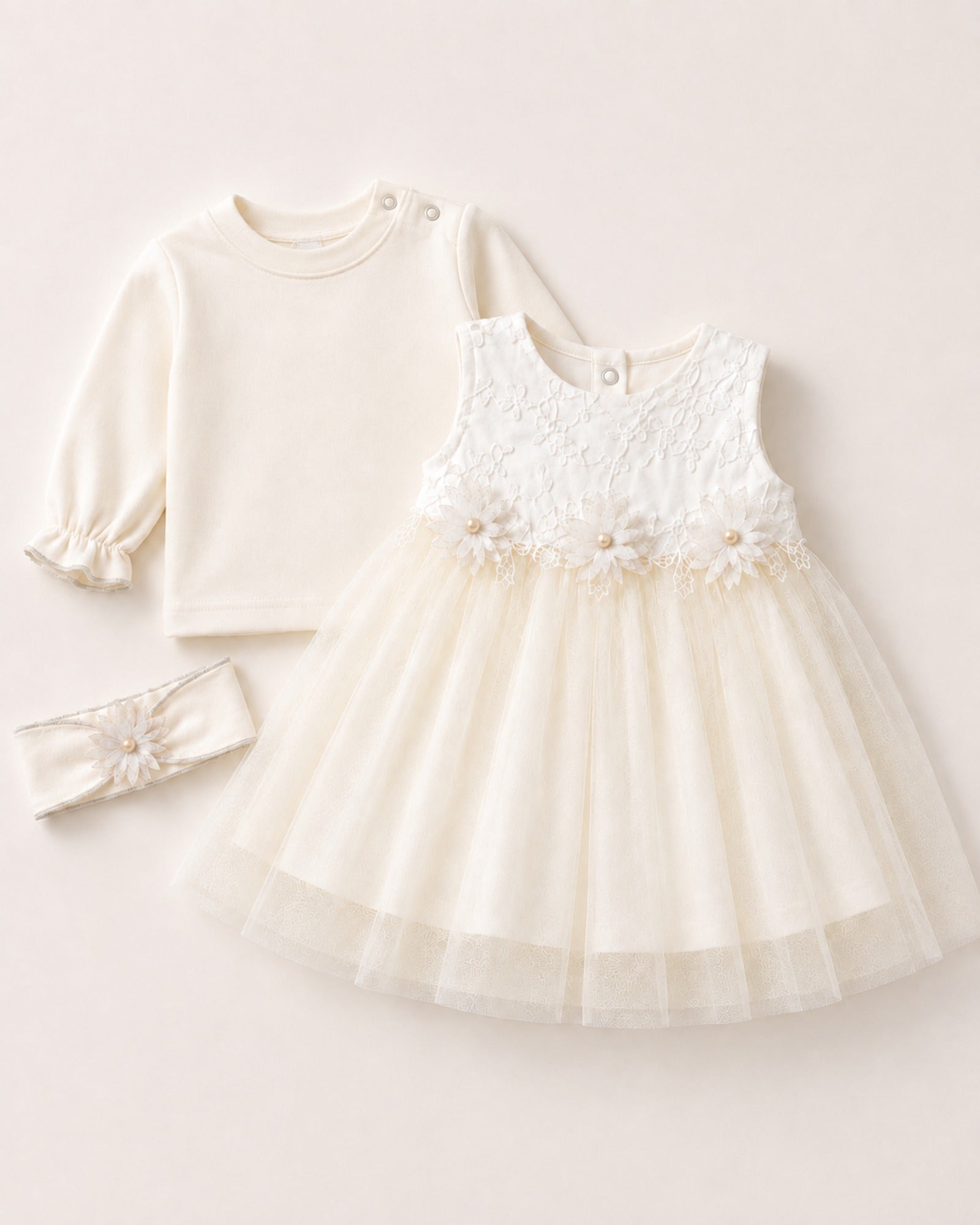 White newborn ceremony dress set – arranged composition
