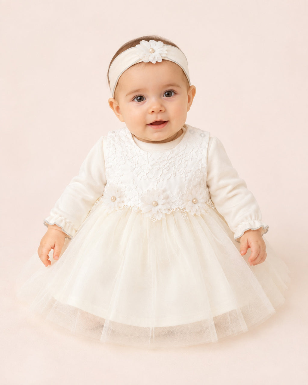 Baby wearing white ceremony dress set with flower headband