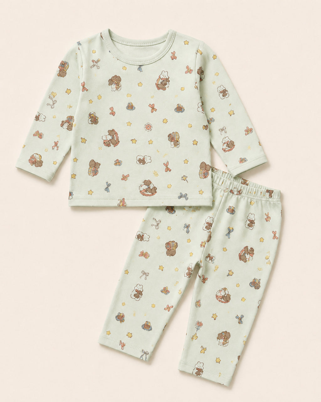 Pale mint Funny Bunny long-sleeve baby two-piece set with teddy bear and rocking horse print, full product view