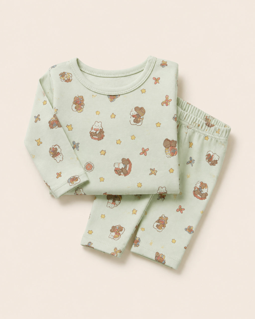 Pale mint long-sleeve baby top and matching trousers, folded composition