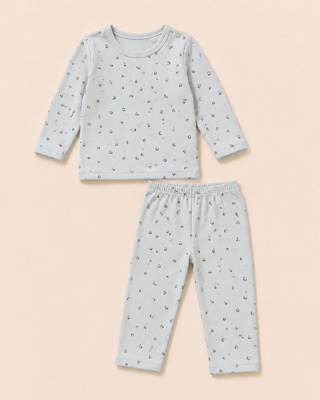 Pale powder-blue Funny Bunny long-sleeve baby two-piece set with acorn and stars print, full product view