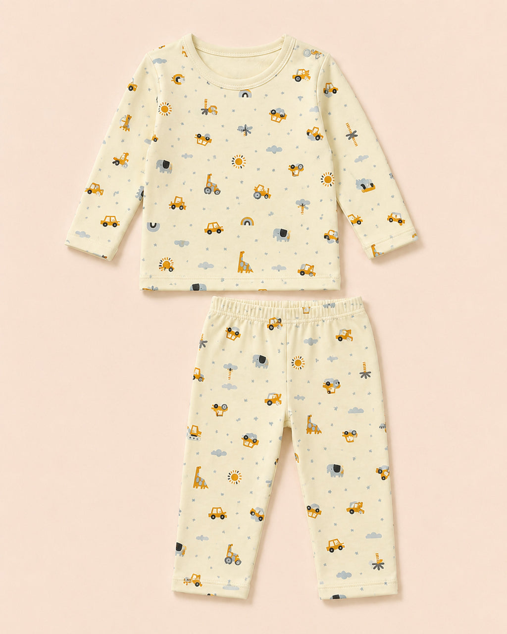 Pale buttery-yellow Funny Bunny long-sleeve baby two-piece set with construction vehicles and safari print, full product view