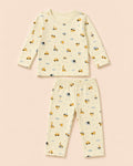 Pale buttery-yellow Funny Bunny long-sleeve baby two-piece set with construction vehicles and safari print, full product view