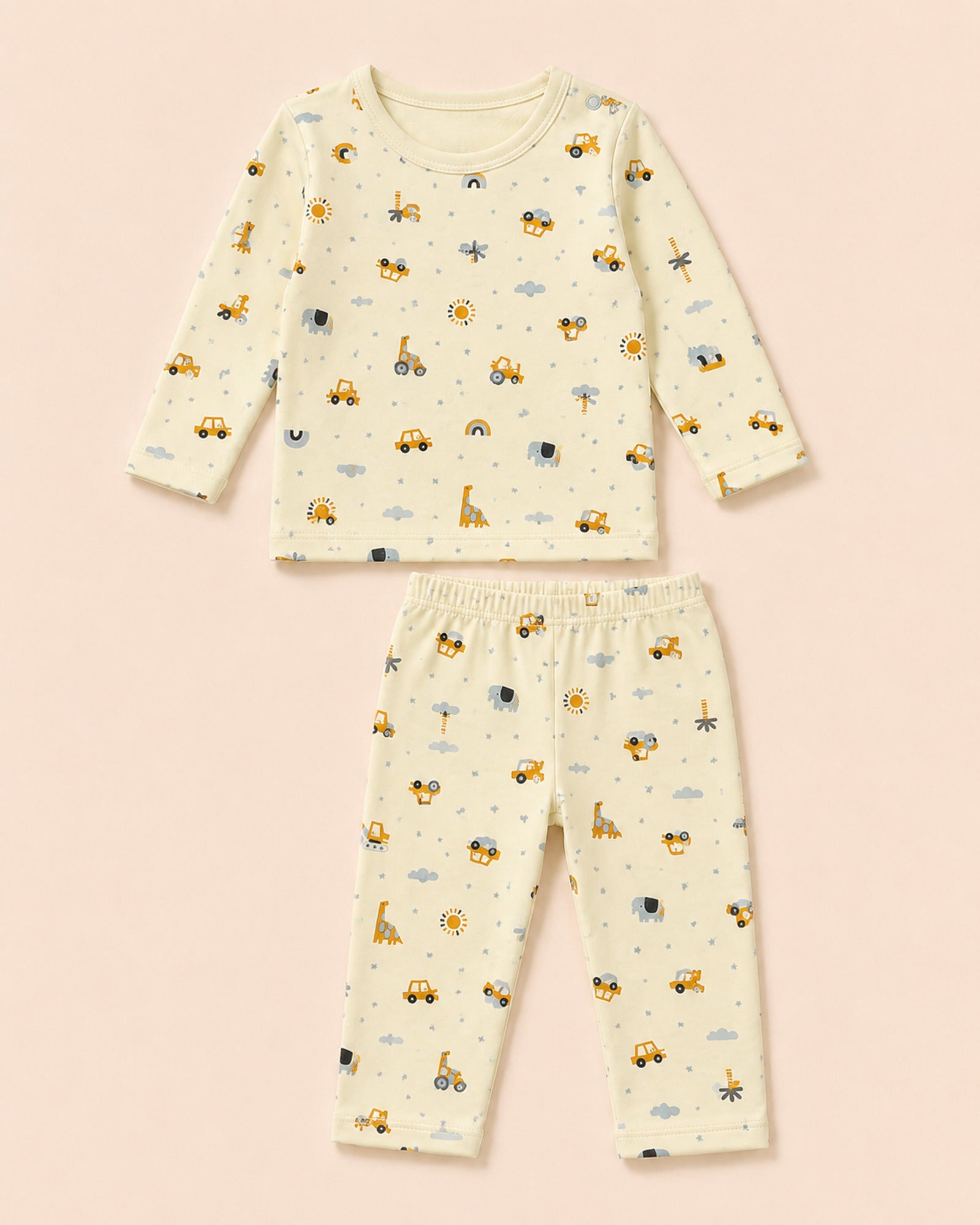Pale buttery-yellow Funny Bunny long-sleeve baby two-piece set with construction vehicles and safari print, full product view