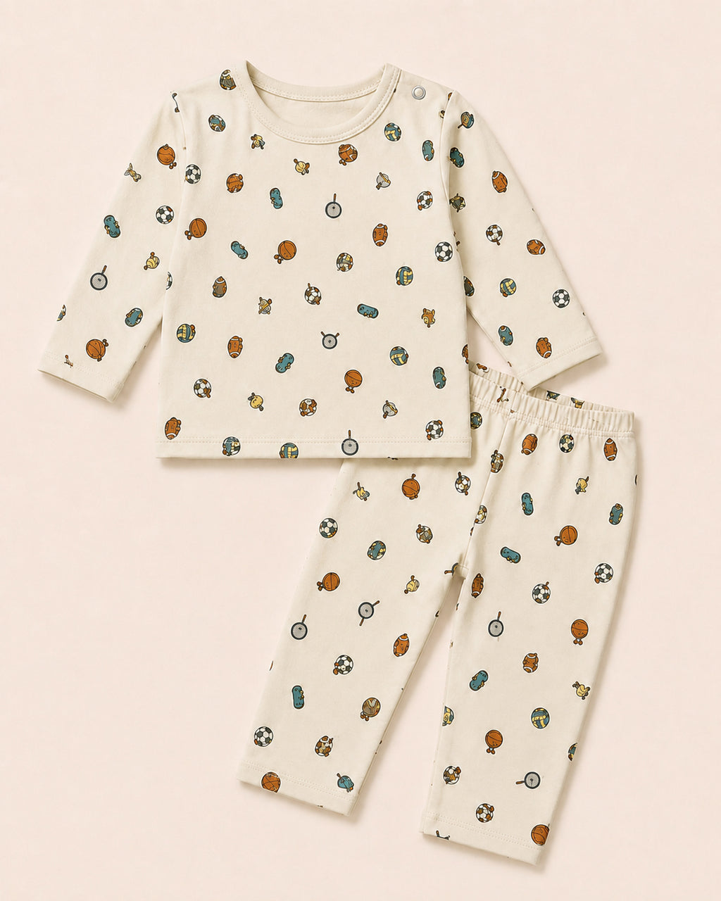 Pale cream Funny Bunny long-sleeve baby two-piece set with sports print, full product view