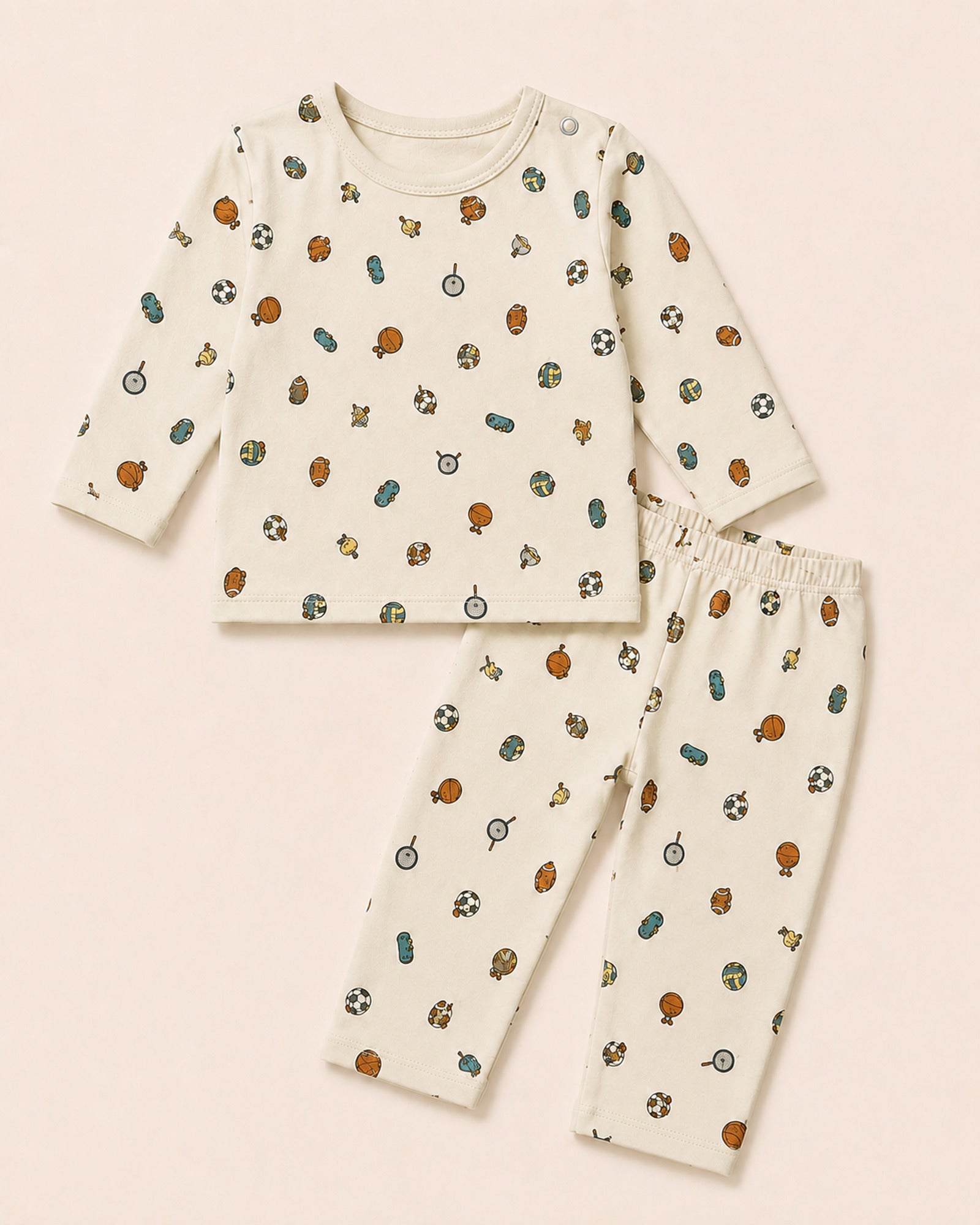 Pale cream Funny Bunny long-sleeve baby two-piece set with sports print, full product view