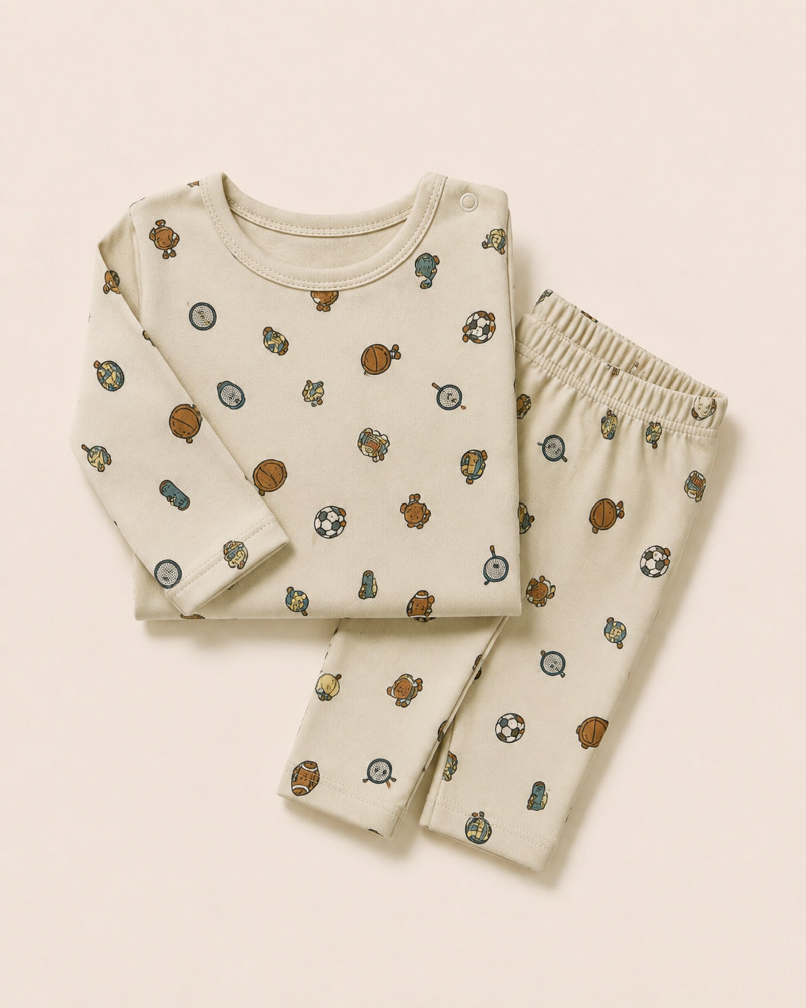 Pale cream long-sleeve baby top and matching trousers, folded composition
