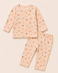 Pale peach-pink baby two-piece set with bunny, flower and strawberry print – front product view