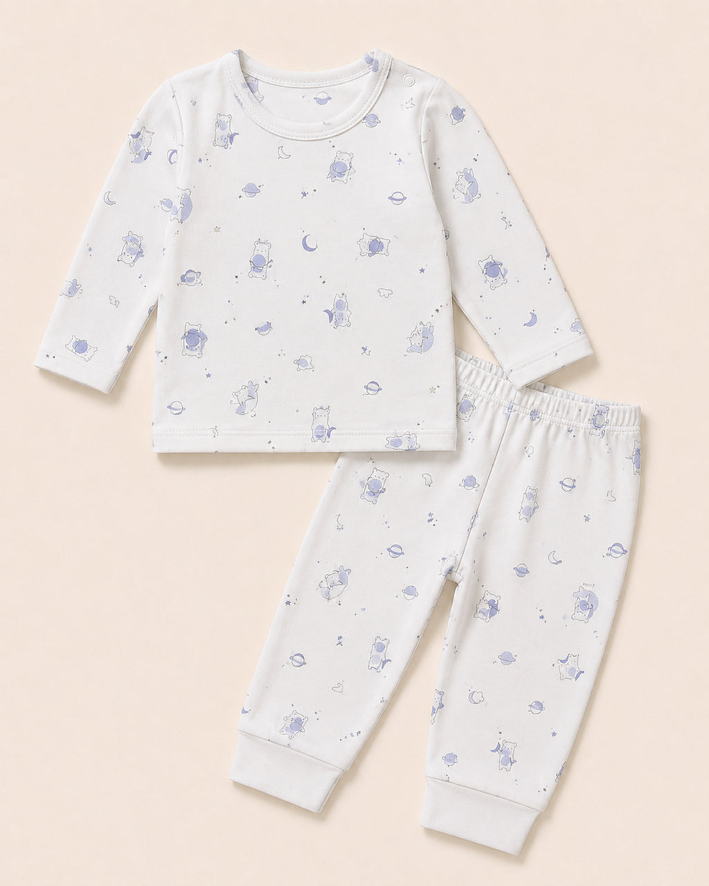 White baby two-piece set with teddy bear, moon and stars print – front product view
