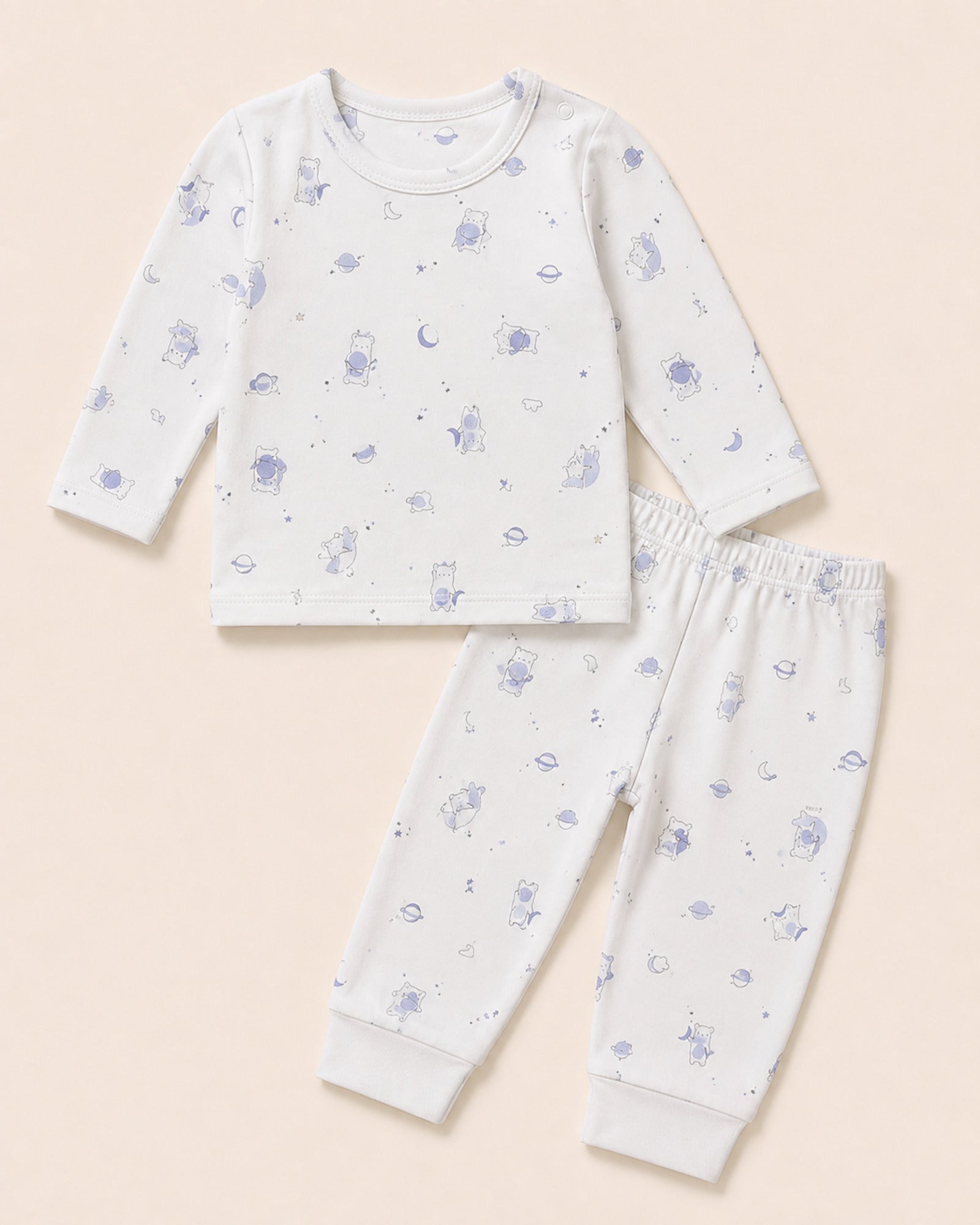 White baby two-piece set with teddy bear, moon and stars print – front product view