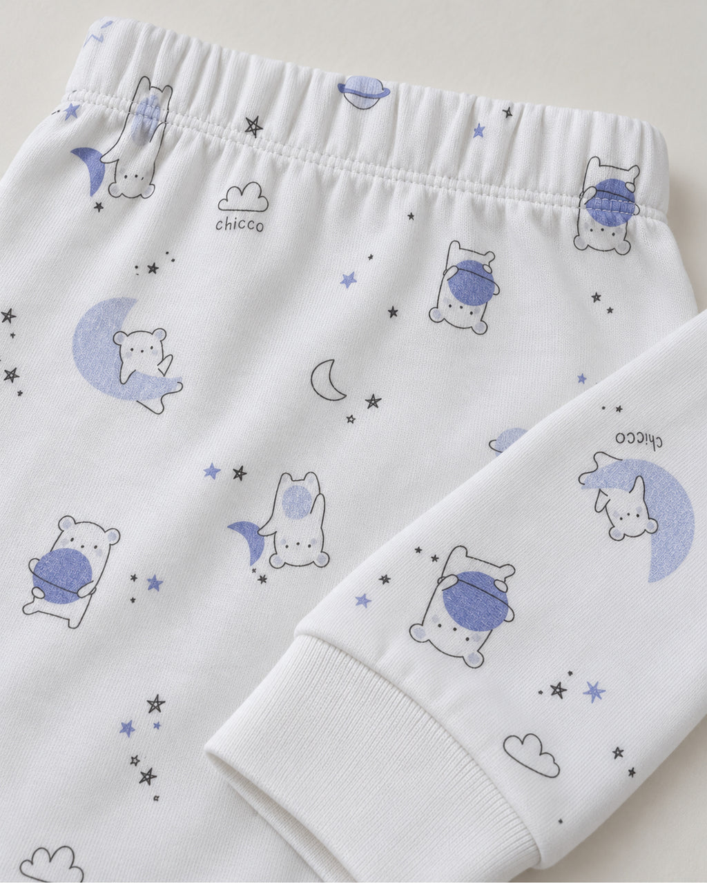 White teddy bear moon and stars trousers elastic waist and plain ankle cuff detail