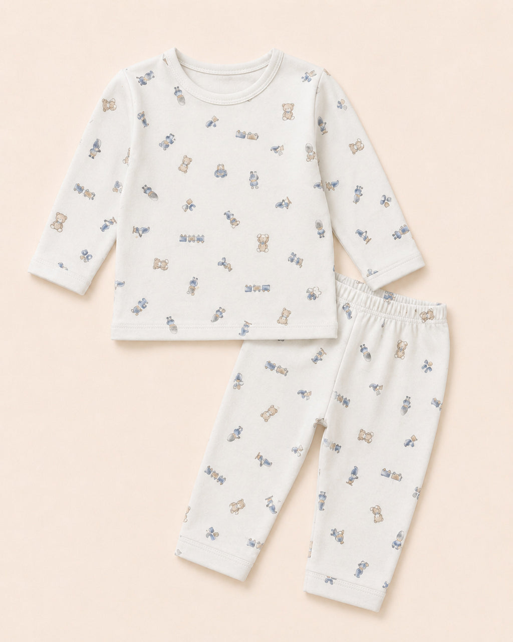 White baby two-piece set with teddy bear, train and toys print – front product view